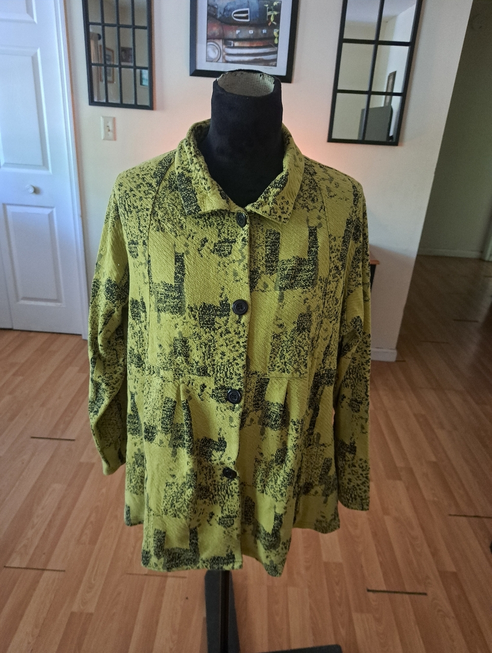 XL Parsley Sage Green Black Long Sleeve Button Front Blouse Blazer Jacket Shirt